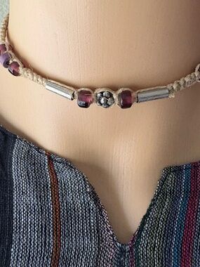 Handmade Beige Cord Choker Necklace with Purple Accent Beads. Hemp